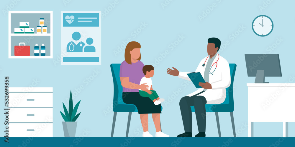 Professional doctor talking with a mother and her child