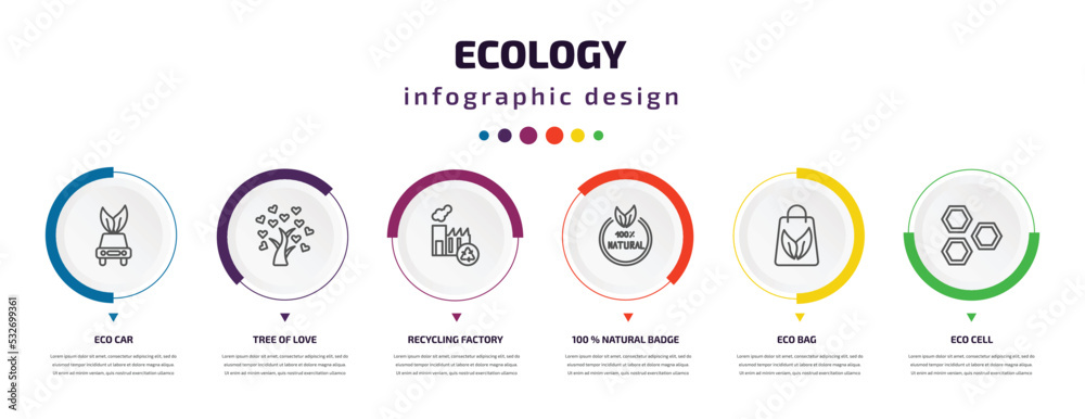 ecology infographic element with icons and 6 step or option. ecology icons such as eco car, tree of love, recycling factory, 100 % natural badge, eco bag, eco cell vector. can be used for banner, ecology infographic element with icons and 6 step or option. ecology icons such as eco car, tree of love, recycling factory, 100 % natural badge, eco bag, eco cell vector. can be used for banner,