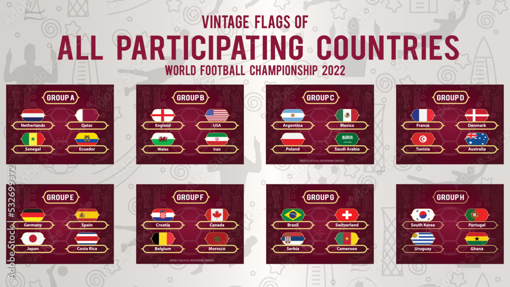 Fototapeta premium All participating countries Vintage Shaped National Flags with Golden border in Qatar 2022 World Soccer Championship , Separated by Groups