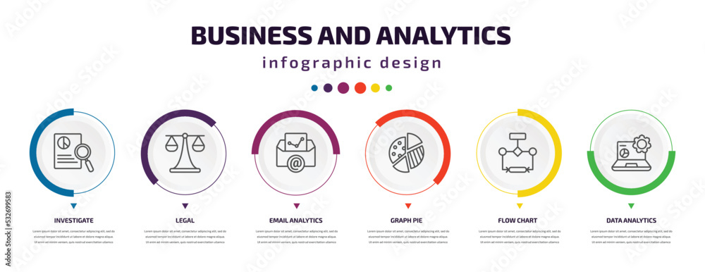 business and analytics infographic element with icons and 6 step or option. business and analytics icons such as investigate, legal, email analytics, graph pie, flow chart, data vector. can be used business and analytics infographic element with icons and 6 step or option. business and analytics icons such as investigate, legal, email analytics, graph pie, flow chart, data vector. can be used