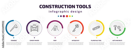construction tools infographic element with icons and 6 step or option. construction tools icons such as crowbar, cement mixers, roof, antique key, plumb rule tool, nuts and bolts vector. can be