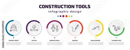 construction tools infographic element with icons and 6 step or option. construction tools icons such as concrete mixer, gas pipe, working shovel, drawing, iron soldering, plumbing pipes vector. can