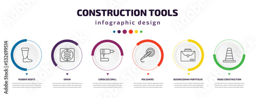 construction tools infographic element with icons and 6 step or option. construction tools icons such as rubber boots, drain, cordless drill, polishers, businessman portfolio, road construction