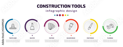 construction tools infographic element with icons and 6 step or option. construction tools icons such as traffic cone, bolster, pantone, builder brush, paint brush, plumbing vector. can be used for