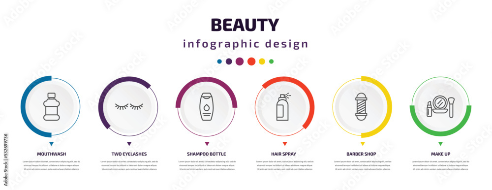 beauty infographic element with icons and 6 step or option. beauty icons such as mouthwash, two eyelashes, shampoo bottle, hair spray, barber shop, make up vector. can be used for banner, info beauty infographic element with icons and 6 step or option. beauty icons such as mouthwash, two eyelashes, shampoo bottle, hair spray, barber shop, make up vector. can be used for banner, info