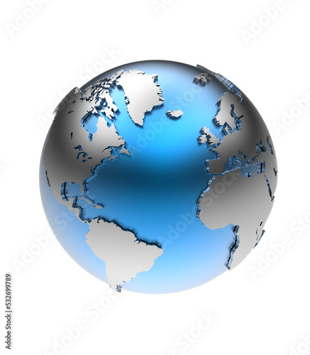 planet earth globe isolated metallic blue-silver globe 3D rendering