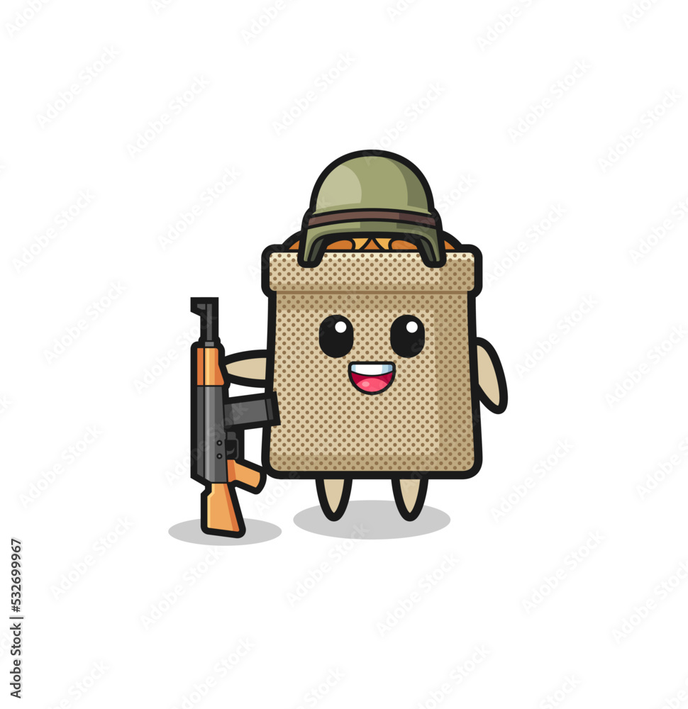 cute wheat sack mascot as a soldier