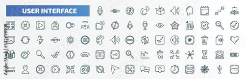 special lineal user interface icons set. outline icons such as mic, open box, horizontal alignment, , zoom out, minus, connectivity, humans, forbbiden, hour line icons.