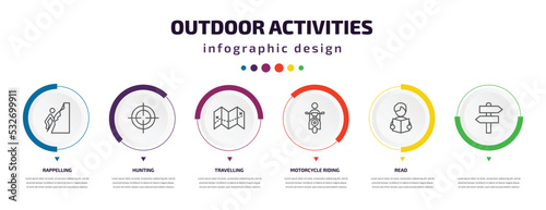outdoor activities infographic element with icons and 6 step or option. outdoor activities icons such as rappelling, hunting, travelling, motorcycle riding, read, vector. can be used for banner,