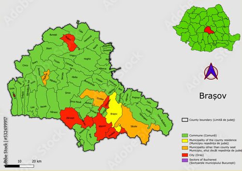 Vector map of the administrative divisions of Brasov  county with communes  city  municipalities  county seats  