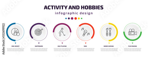 activity and hobbies infographic element with icons and 6 step or option. activity and hobbies icons such as disc jockey, dartboard, golf playing, sing, wood carving, film making vector. can be used