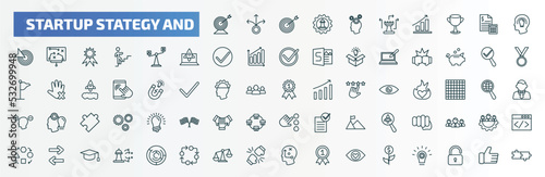 special lineal startup stategy and icons set. outline icons such as purpose, strategy thought, startup head, comparison, validate, first, fist, exchanging, balance, investment line icons.