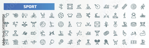 special lineal sport icons set. outline icons such as jumping dancer, ball arrow, marathon champion, man playing badminton, commentator, short sleeves, snowboarding, archery, soccer, tennis line