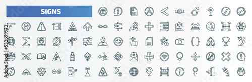 special lineal signs icons set. outline icons such as gift shop, is less than, prohibition, crossing, borders, superior, alignment, tent, fire hazard, exclamation line icons.