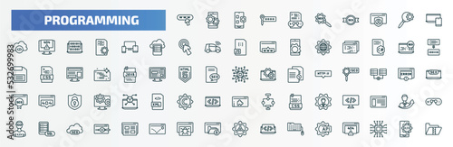 special lineal programming icons set. outline icons such as web domain, game development, responsive, cross-platform, seo reputation, microchip, seo tags, mysql, bug report, api line icons.