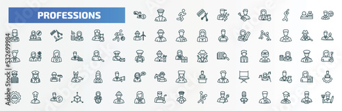 special lineal professions icons set. outline icons such as financial advisor, plumber, podiatrist, pediatrician, detective, teacher, singer, chef, lawyer, lumberjack line icons.