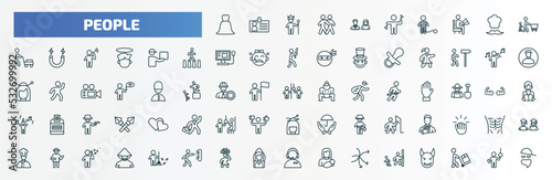special lineal people icons set. outline icons such as bride dress, parents, father and son shopping, curier, man playing a flute, occupant, tumb up business man, napoleon figure, woman carrying,