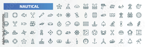 special lineal nautical icons set. outline icons such as big starfish, vest, whale, nautical monocular, oxygen tank, big shell, double paddle, life preserver, captain hat, propeller line icons.