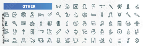 special lineal other icons set. outline icons such as vintage eyeglasses, graduation's questions, wooden stamper, sleepy, work hammer, digital number 45, labaratory, king of the hill, muslim woman