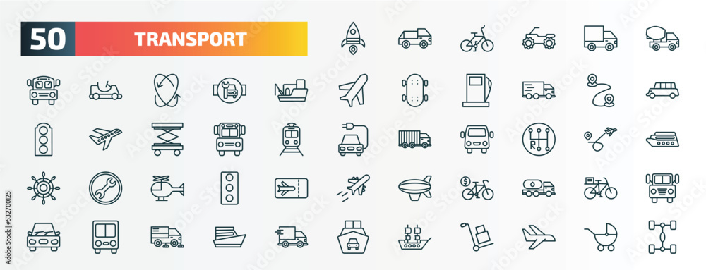 set of 50 special lineal transport icons. outline icons such as space rocket launch, cement truck, fishing boat, way, school van, gearshift, small helicopter, bicycle rental, public transport, set of 50 special lineal transport icons. outline icons such as space rocket launch, cement truck, fishing boat, way, school van, gearshift, small helicopter, bicycle rental, public transport,
