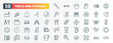 set of 50 special lineal tools and utensils icons. outline icons such as large spoon, second, edit tools, table fan, key ring with two keys, daily specials board, tray for papers, bold, briefcase