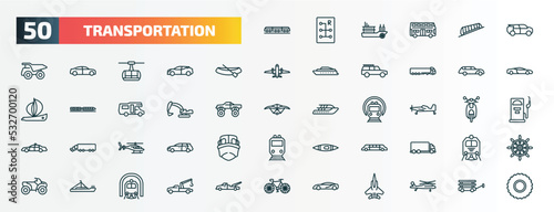set of 50 special lineal transportation icons. outline icons such as light rail, eco-friendly transport, dugout canoe, hearse, excavators, crop duster, helicopter profile, limousine, pt boat, sports