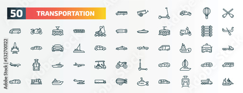 set of 50 special lineal transportation icons. outline icons such as school bus, rowing, inline skates, railway line, catamaran, tugboat, icebreaker ship, electro car, caboose, small submarine line