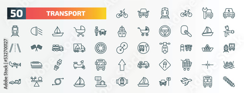 set of 50 special lineal transport icons. outline icons such as bicycle side view, electro car, parking men, sailing boat, recycling truck, scholar bus stop, seatbelt, slippy road, stability,