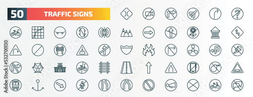 set of 50 special lineal traffic signs icons. outline icons such as narrow bridge, no doubt, magnetic field, museum, pothole, nuclear, police station, narrow road, port, no waiting line icons.