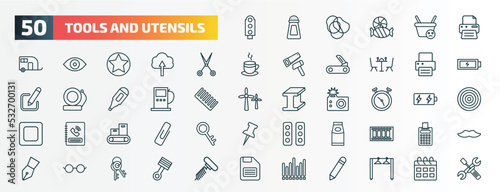 set of 50 special lineal tools and utensils icons. outline icons such as semaphore light, blank paper and printer, open scissors, print button, fuel oil bomb service, timer round clock, packing