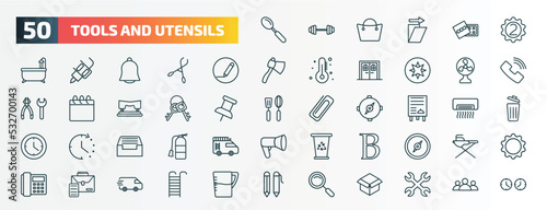 set of 50 special lineal tools and utensils icons. outline icons such as large spoon, second, edit tools, table fan, key ring with two keys, daily specials board, tray for papers, bold, briefcase
