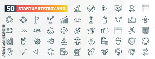 set of 50 special lineal startup stategy and icons. outline icons such as grow, chess board, increase, identity, passion, finish line, goal, budget, valid, rivalry line icons.