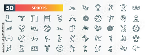 set of 50 special lineal sports icons. outline icons such as skibob, champion belt, weight lifting medal, equipment, gym ball, bullseye, race bike, excercise, basketball champion, aerobics line