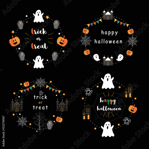 Happy Halloween party label icon circle shape with ghost house castle, pumpkins , ghost, spider and tomb on black background with star and silhouette dead trees Vector illustration, invitation 