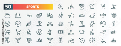 set of 50 special lineal sports icons. outline icons such as karate, wakeboarding, boxing gloves, mawashi, windsurf sea, man award, wing chun, football jersey, exercise gym, muscle line icons.