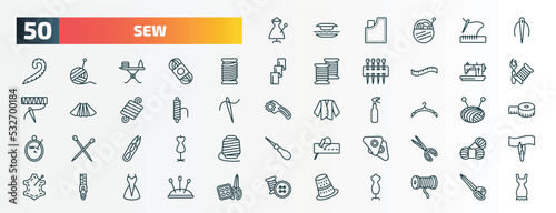 set of 50 special lineal sew icons. outline icons such as sewing, needles, thread, sewing hine, threads, clothes hanger, thread nippers, chalk, slide fastener, sewing thimble line icons.