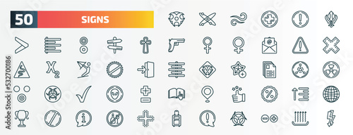 set of 50 special lineal signs icons. outline icons such as toxic warning, khanda, gross dark cross, alert, prohibition, text documents, tick, superior, prohibition circle, exclamation mark line