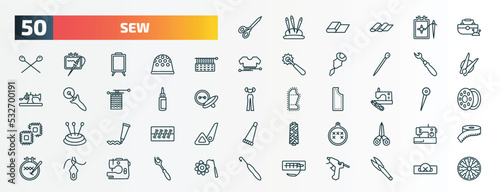 set of 50 special lineal sew icons. outline icons such as scissors, sewing box, handloom, seam ripper, glue, sewing clip art, paint tube, arras, threading, suture line icons.