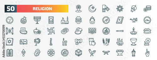 set of 50 special lineal religion icons. outline icons such as india, jewish coins, medina, genie lamp, swastica, shehnai, palm tree with date, four species, bindi, chicken line icons.