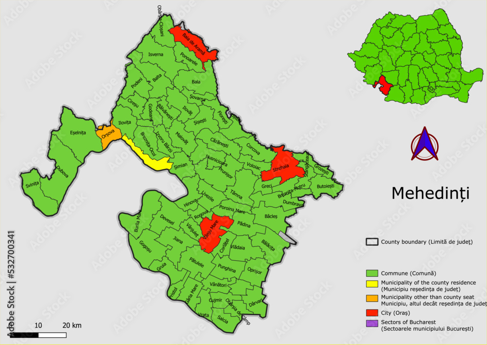 Vector map of the administrative divisions of Mehedinti county with communes, city, municipalities, county seats  