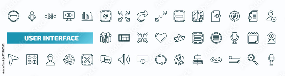 Fototapeta premium set of 40 special lineal user interface icons. outline icons such as minus, at, birghtness, giftbox, equal, cursor, bubble speech, horizontal alignment, desativated, voice recorder line icons.
