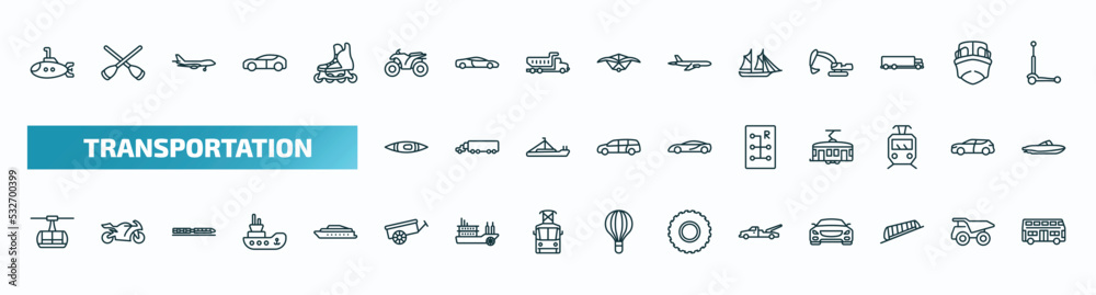 set of 40 special lineal transportation icons. outline icons such as small submarine, quad, schooner, kayak, gear box, chairlift, oxcart, wrecker, funicular railway, double decker bus line icons. set of 40 special lineal transportation icons. outline icons such as small submarine, quad, schooner, kayak, gear box, chairlift, oxcart, wrecker, funicular railway, double decker bus line icons.