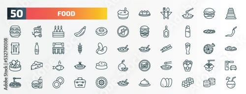 set of 50 special lineal food icons. outline icons such as rice bowl, celebration cake, chote donut, popiah, ear of wheat, pint, cooked fish, chinese food, hamburger and drink, covered food tray