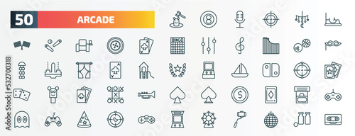 set of 50 special lineal arcade icons. outline icons such as whack a mole, bumper car, card game, sports ball, ace of clubs, switch, gambler, token, controller, spinning wheel line icons.