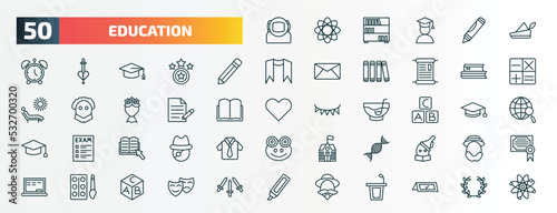 set of 50 special lineal education icons. outline icons such as astronaut, robin hood, pen, books, as, alphabet, ebook, dna, watercolor, don quixote line icons.