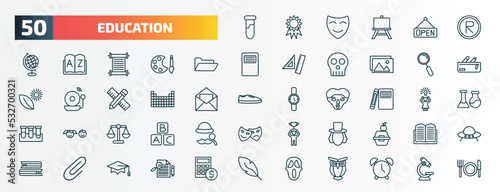 set of 50 special lineal education icons. outline icons such as tube, registered, folder, magnifying glass, periodic table, hardbound book variant, law, eugene onegin, attachment, scream line icons.