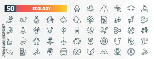 set of 50 special lineal ecology icons. outline icons such as save water, and books, sunlight, eco light, bio fuel, eco cell, green home, eco energy power, fuel, two leaves line icons.