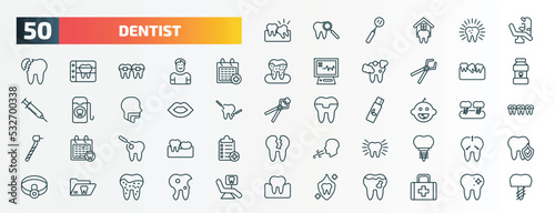 set of 50 special lineal dentist icons. outline icons such as wisdom tooth, dental chair, medical appointment, malocclusion, mouth, baby dental, scraping, clean tooth, dental folder, protection line