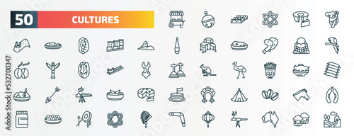 set of 50 special lineal cultures icons. outline icons such as food stall, australian koala, rio de janeiro, crocodile leather bag, wontons, native american skull, calumet, native american wigwam,