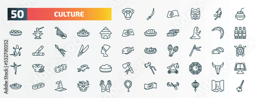 set of 50 special lineal culture icons. outline icons such as chimp face of brazil, kalabas, mud hut, australian boomerang, knife in sheath, native american flute, ajotomate, trebuchet, mantecados,